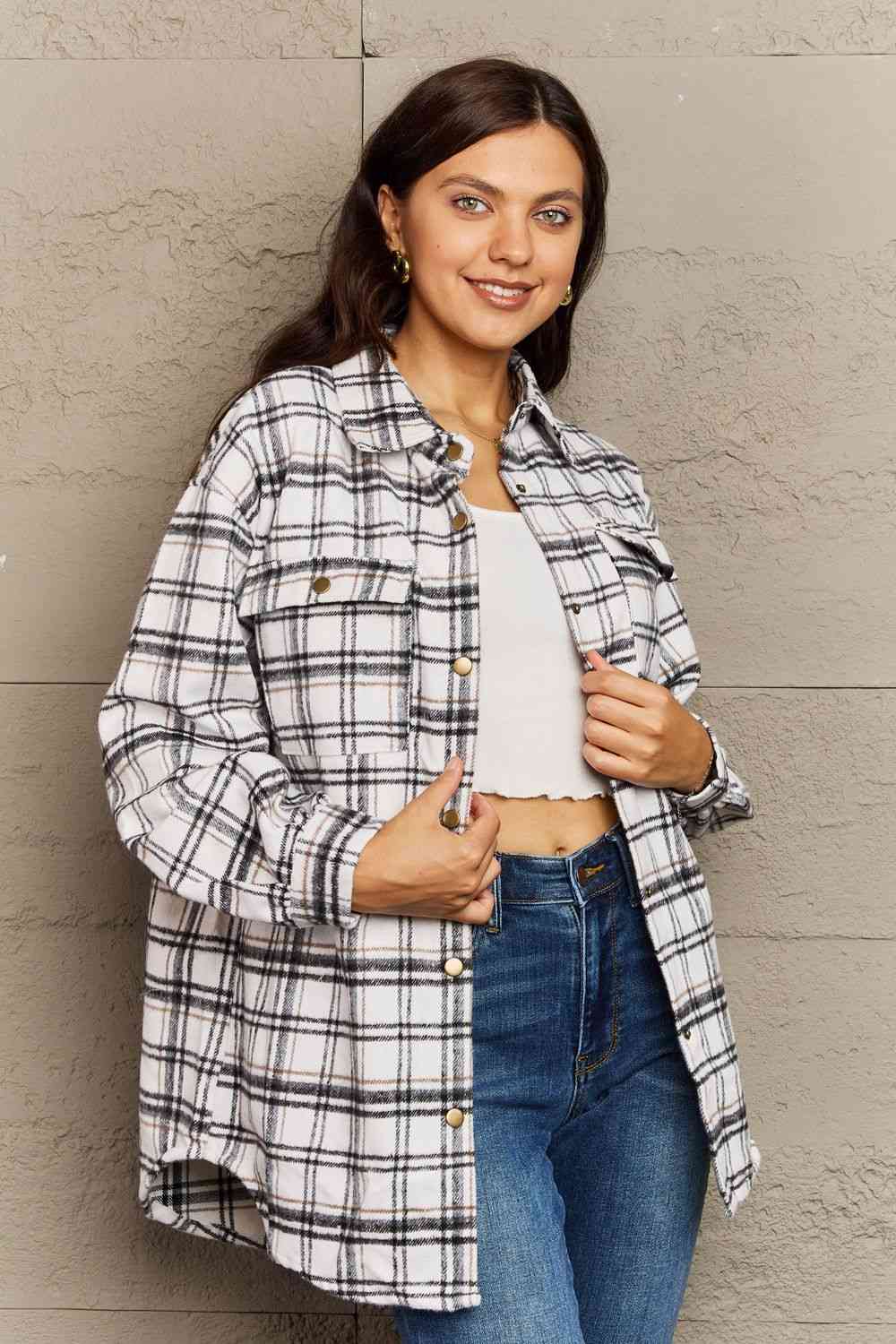 Ninexis Full Size Plaid Collared Neck Button-Down Long Sleeve Jacket White