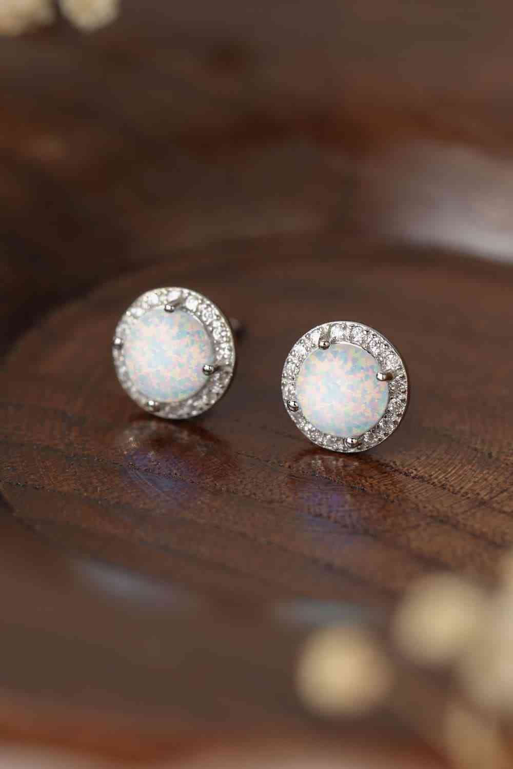 925 Sterling Silver Platinum-Plated Opal Round Stud Earrings White One Size
