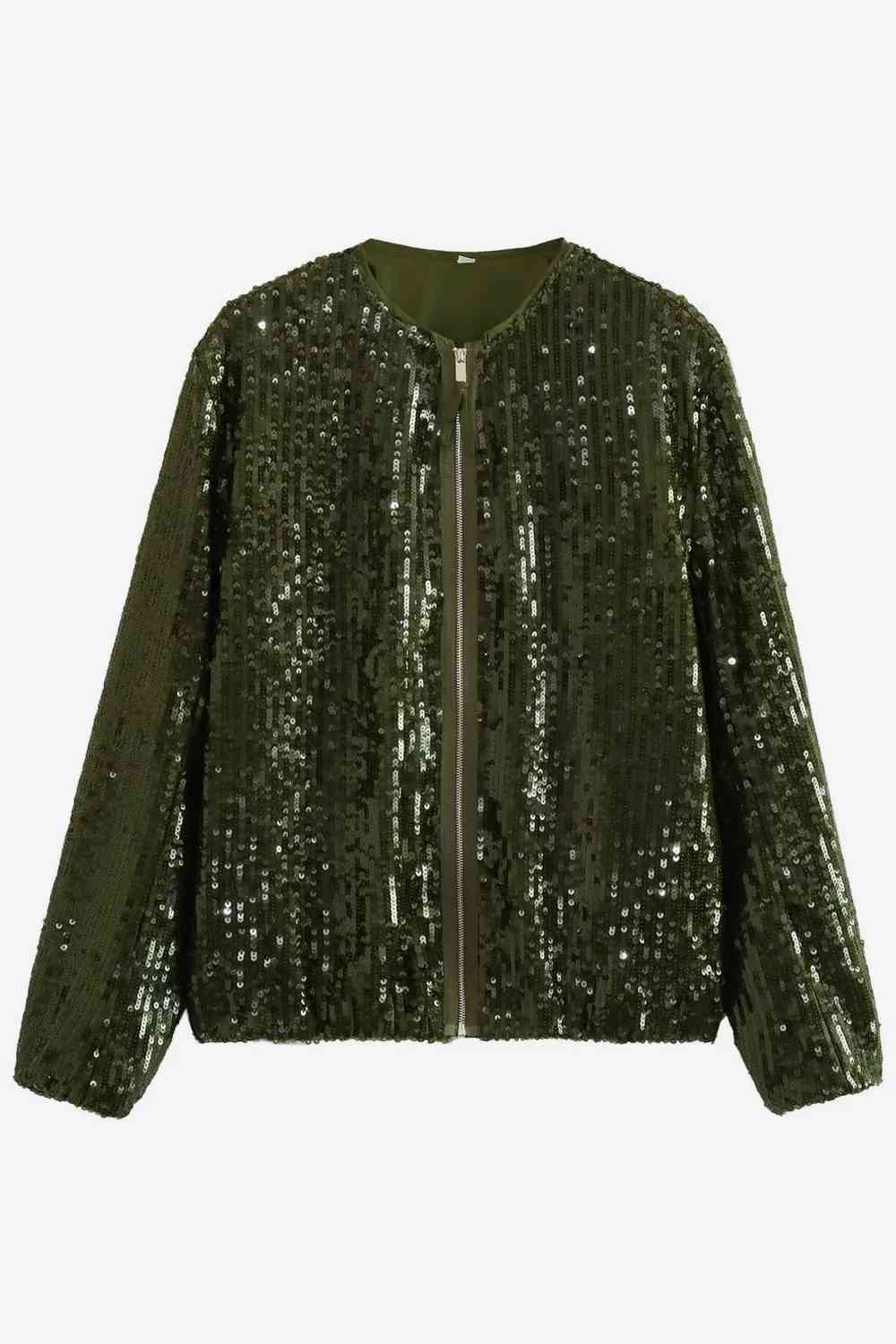 Sequin Zip-Up Jacket Army Green