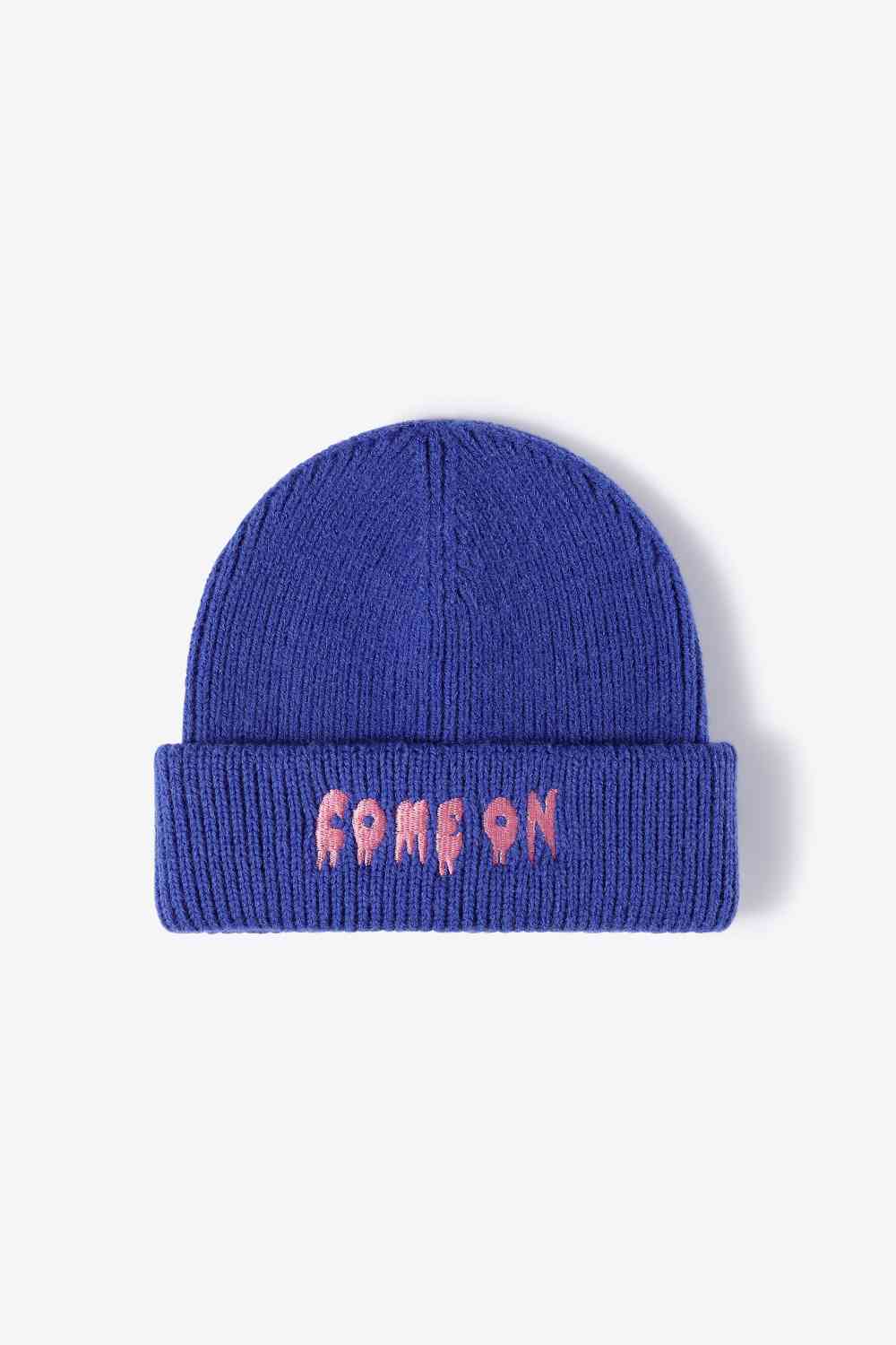 COME ON Embroidered Cuff Knit Beanie Blue One Size