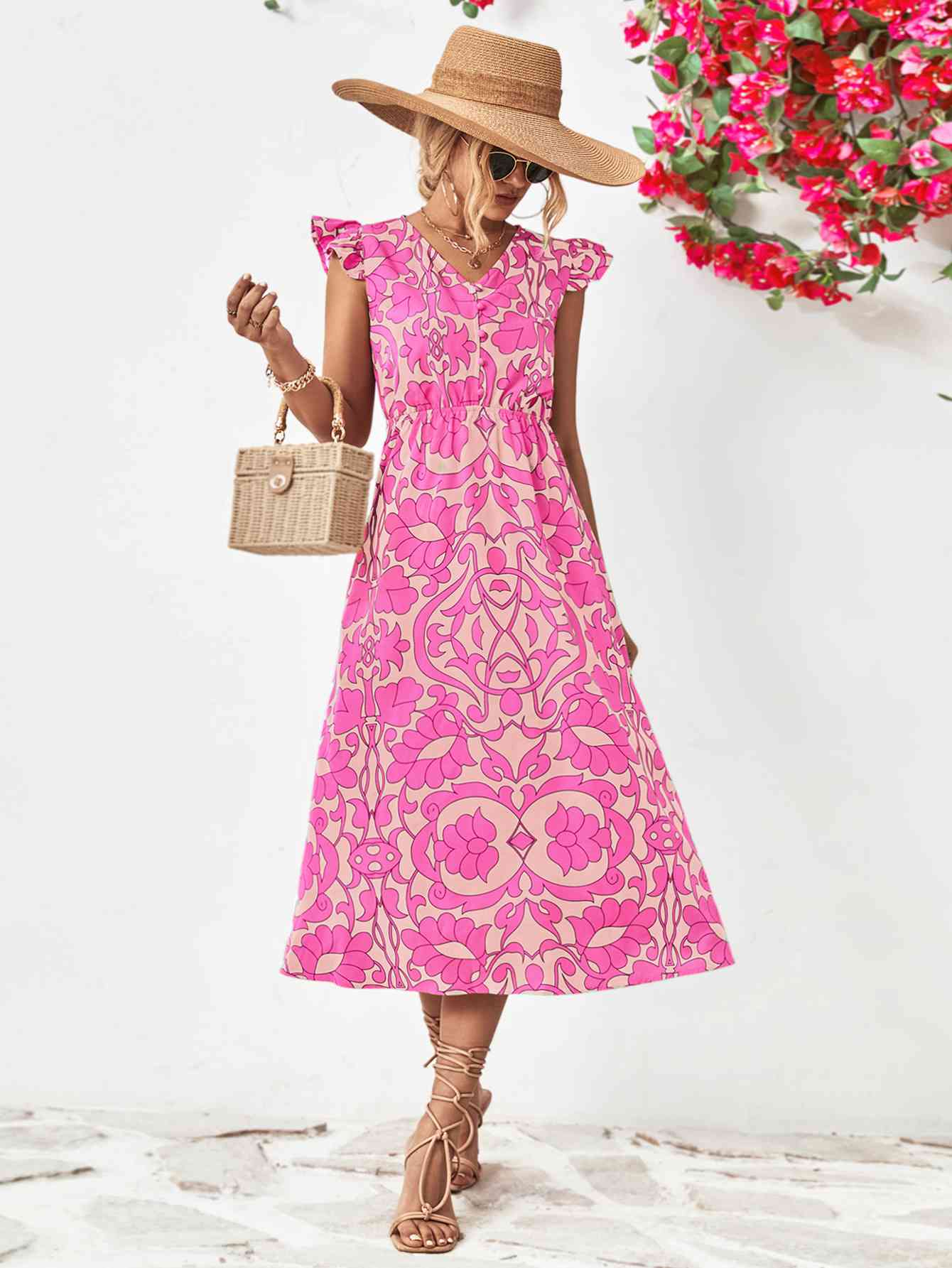 Floral V-Neck Cap Sleeve Dress Fuchsia Pink