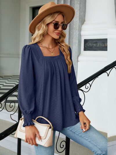 Ruched Square Neck Lantern Sleeve Blouse Dusty Blue