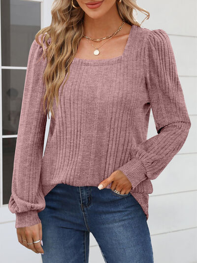 Square Neck Long Sleeve Blouse Light Mauve