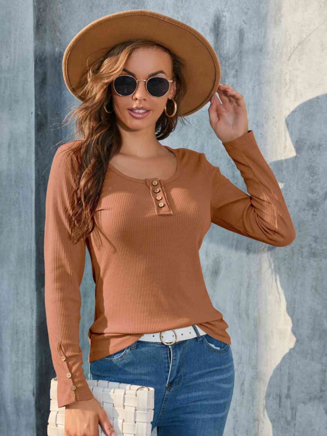 Buttoned Round Neck Long Sleeve T-Shirt Honey