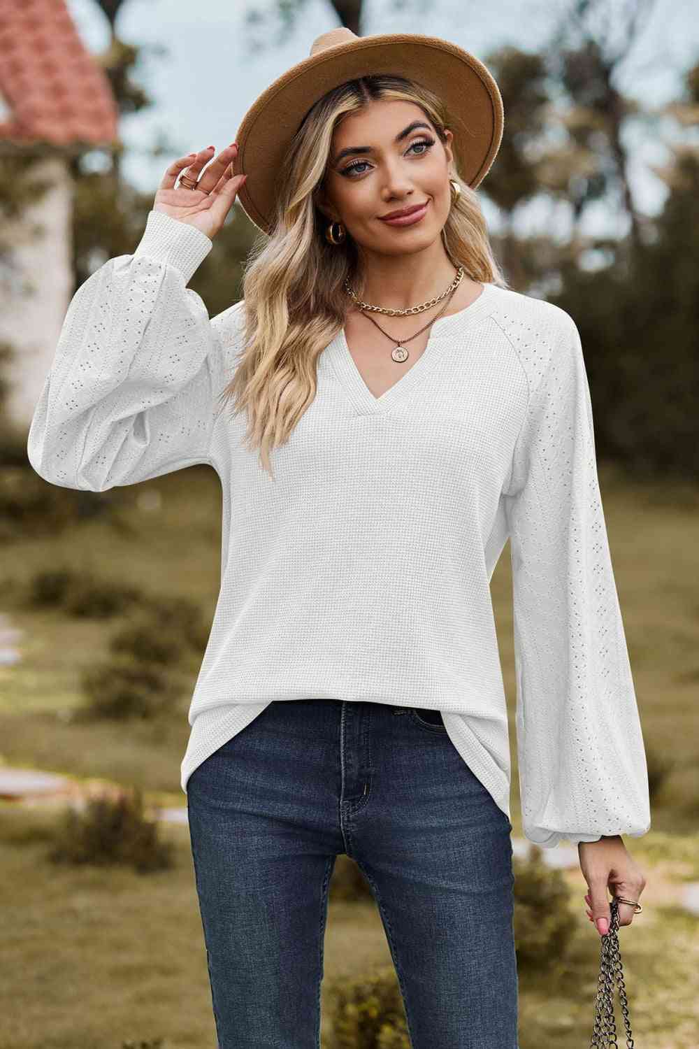 Notched Neck Raglan Sleeve Blouse White