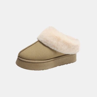 Furry Chunky Platform Slippers Khaki