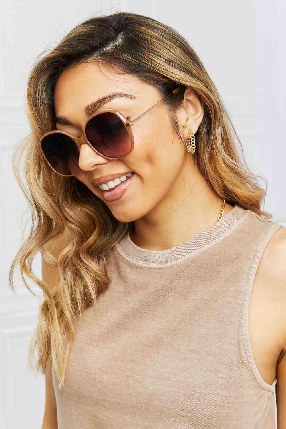Metal-Plastic Hybrid Full Rim Sunglasses Caramel One Size