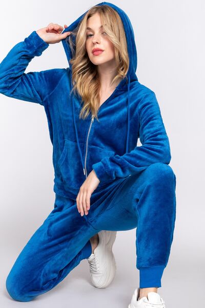 ACTIVE BASIC Faux Fur Zip Up Long Sleeve Hoodie and Joggers Set DEEP BLUE