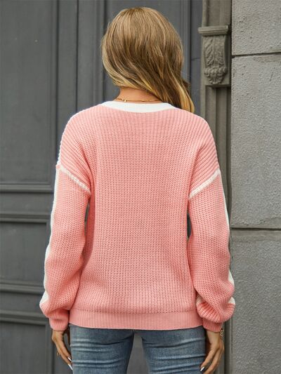 Contrast Round Neck Dropped Shoulder Sweater