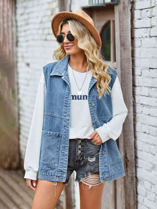 Button Front Sleeveless Denim Jacket Misty Blue