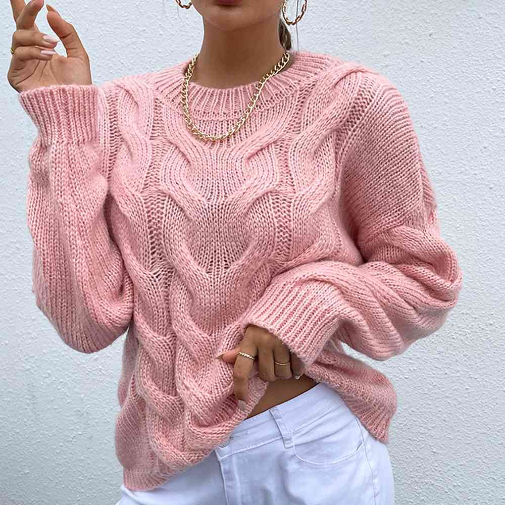 Cable-Knit Round Neck Long Sleeve Sweater Blush Pink
