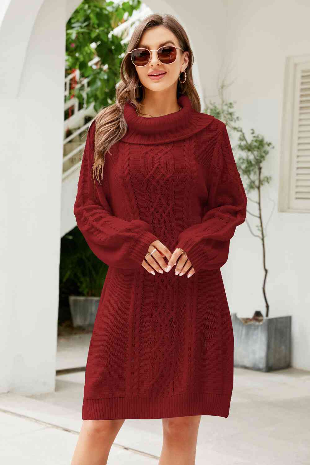 Woven Right Mixed Knit Turtleneck Lantern Sleeve Sweater Dress Wine