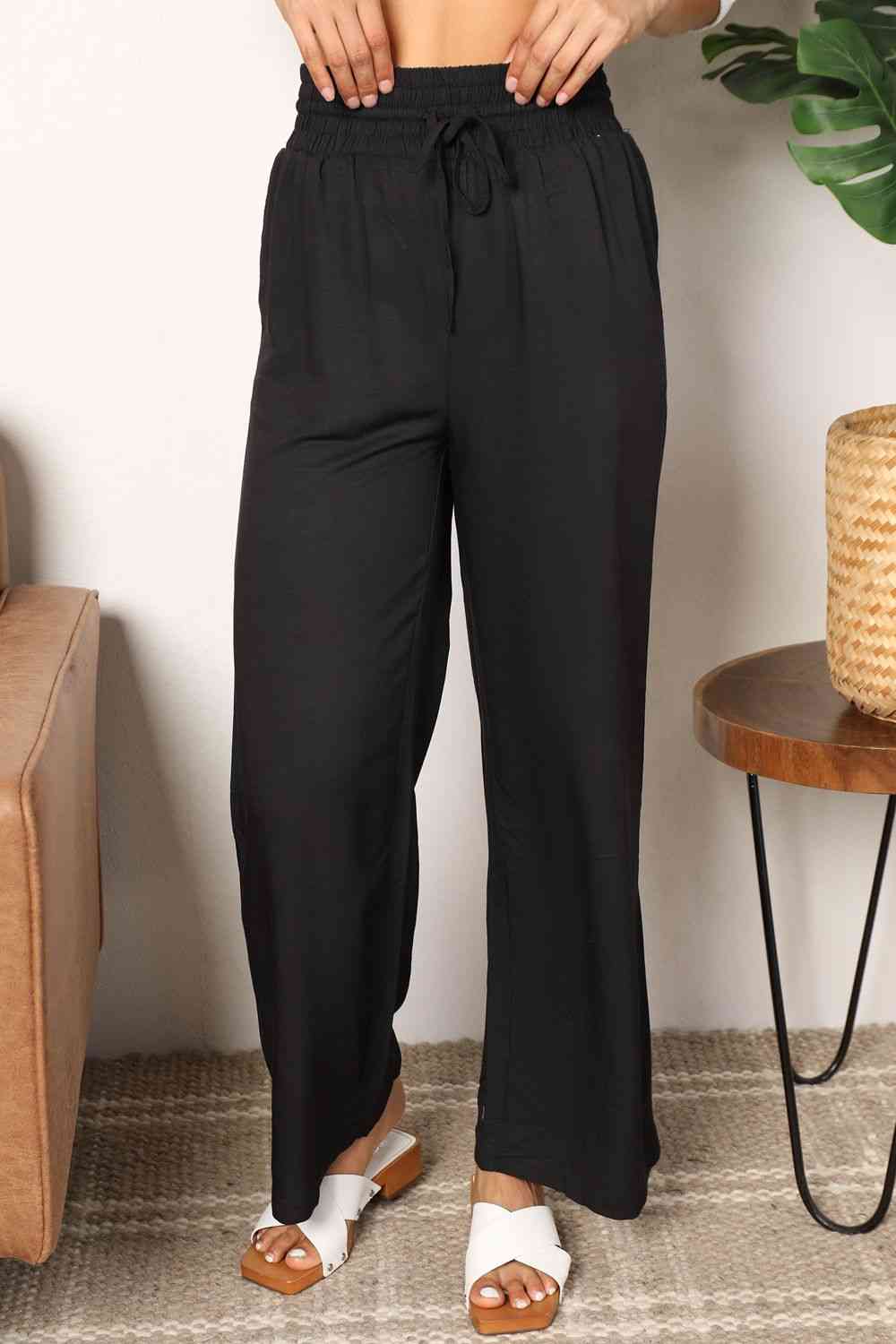 Double Take Drawstring Smocked Waist Wide Leg Pants Black