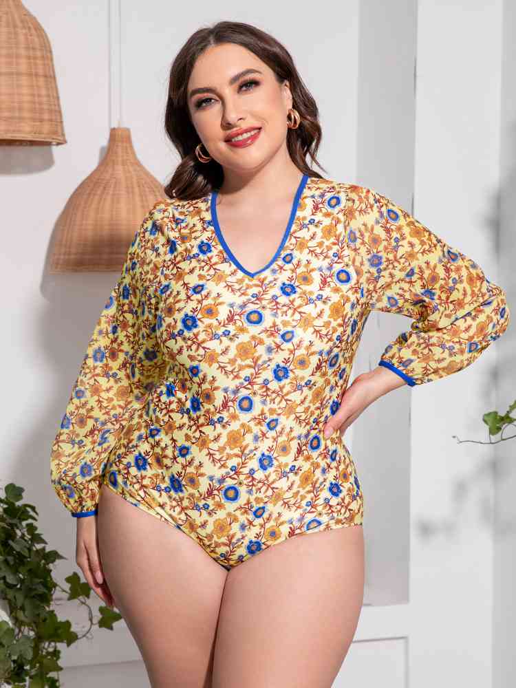 Plus Size Floral Open Back Long Sleeve One-Piece Swimsuit Mustard