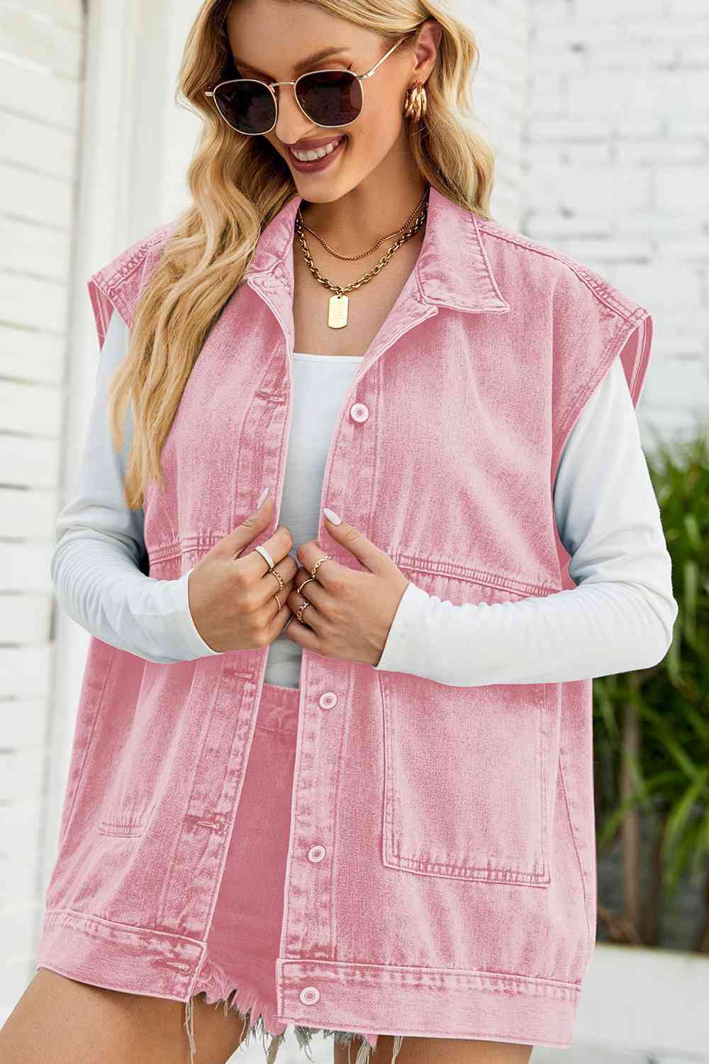 Button Down Collared Neck Denim Jacket Blush Pink