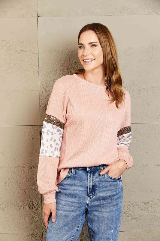 Woven Right Leopard Sequined Drop Shoulder Knit Top