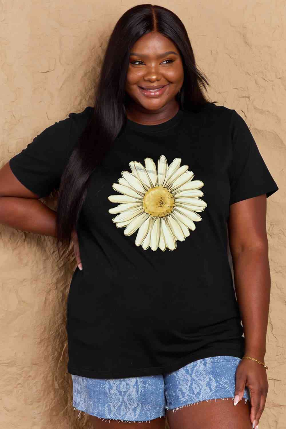 Simply Love Full Size FLOWER Graphic Cotton Tee Black