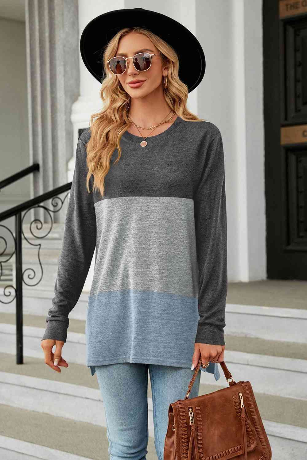 Color Block Round Neck Long Sleeve Slit T-Shirt Charcoal