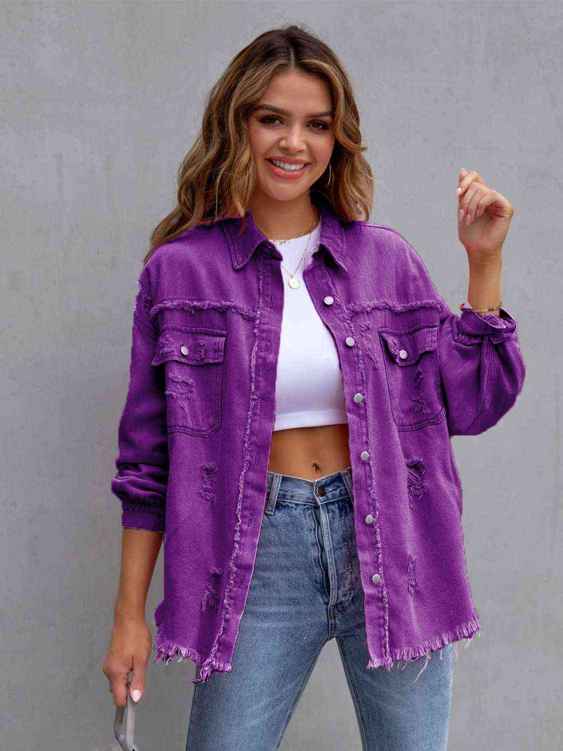 Distressed Drop Shoulder Denim Jacket Violet