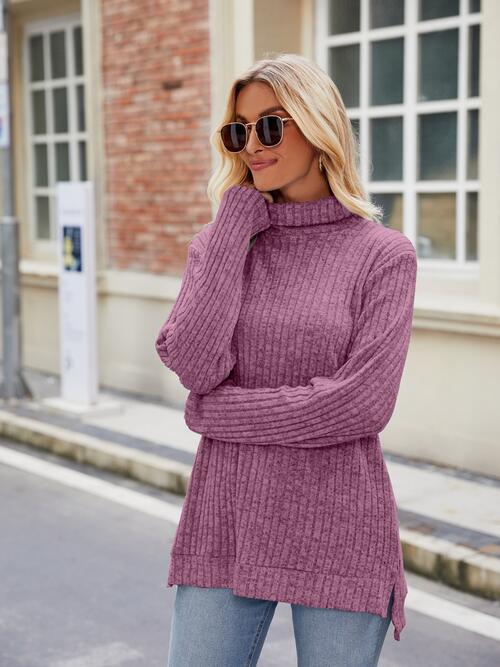 Ribbed Turtleneck Long Sleeve Slit Knit Top Fuchsia