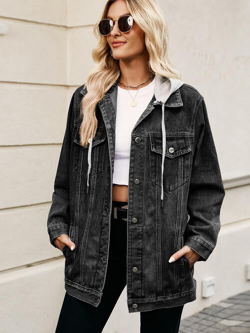 Drawstring Button Up Hooded Denim Jacket Black