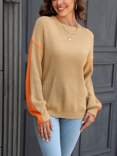 Contrast Round Neck Dropped Shoulder Sweater Camel