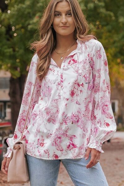 Floral Tie Neck Flounce Sleeve Blouse Multicolor