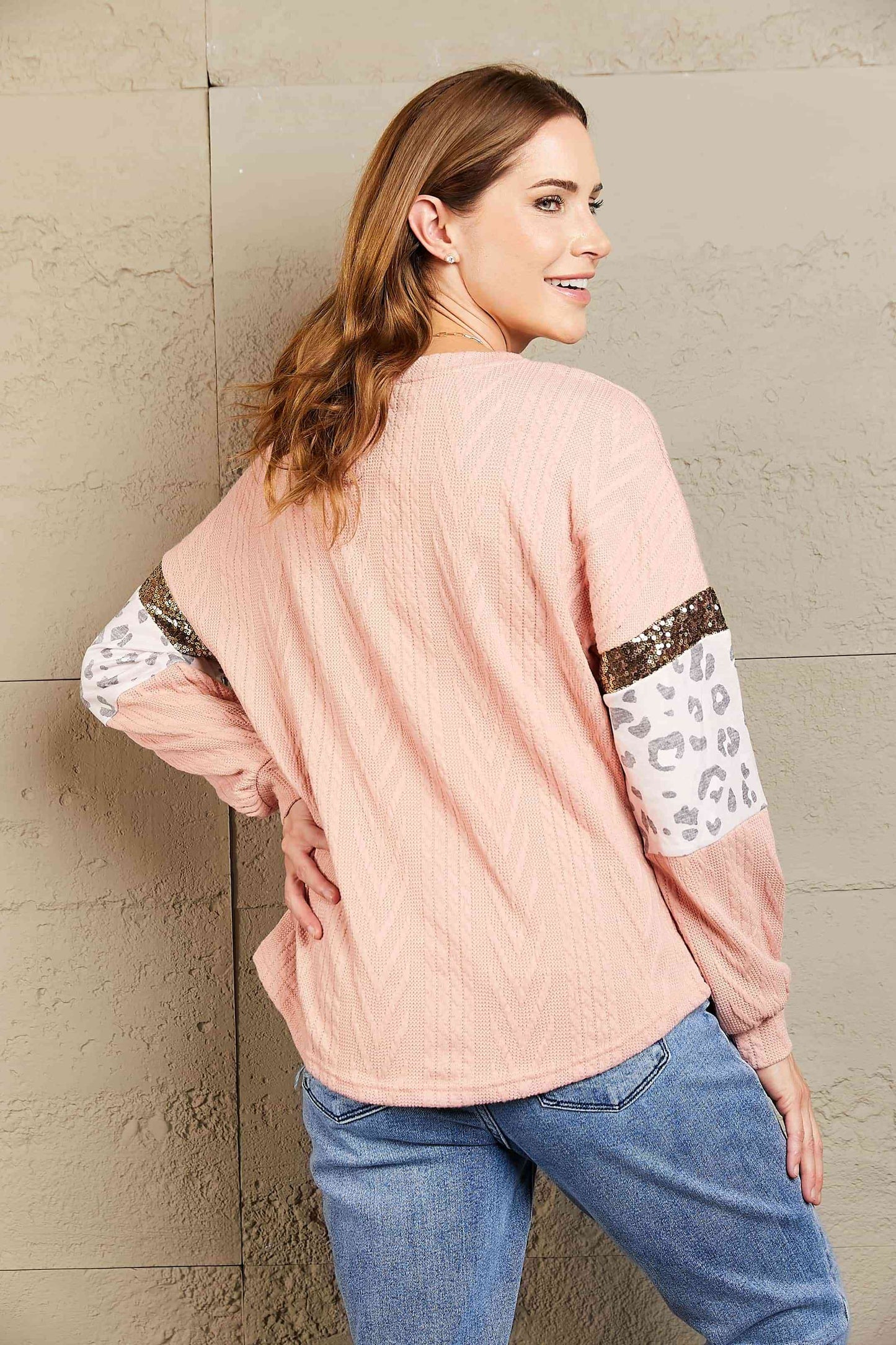 Woven Right Leopard Sequined Drop Shoulder Knit Top