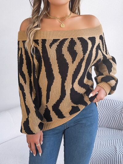 Off-Shoulder Animal Print Long Sleeve Sweater Tan