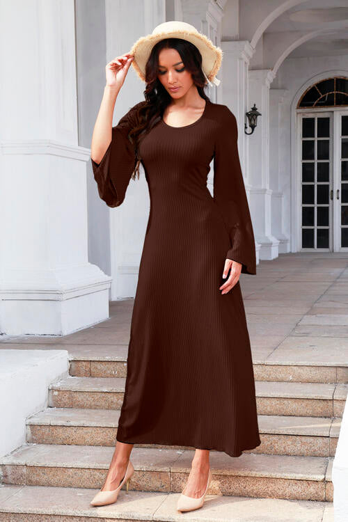 Tie Back Ribbed Round Neck Long Sleeve Dress Chocolate