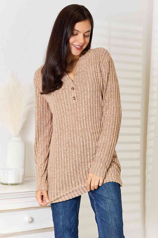 Double Take Notched Neck Ribbed Long Sleeve T-Shirt Khaki