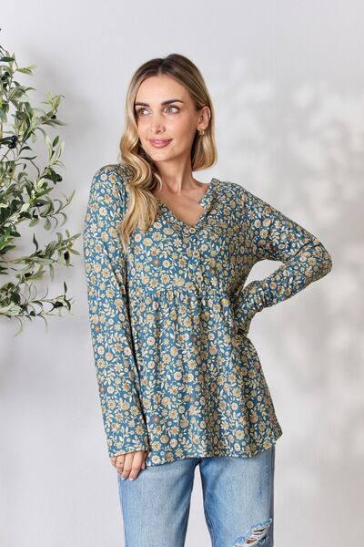 Heimish Full Size Floral Half Button Long Sleeve Blouse Dusty Teal Multi