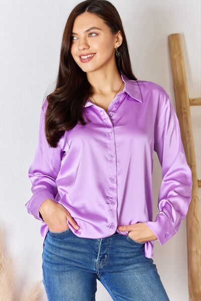 Zenana Satin Button Down Long Sleeve Shirt B Lavender