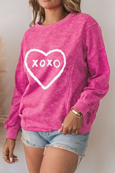 XOXO Heart Graphic Round Neck Long Sleeve Sweatshirt Fuchsia Pink