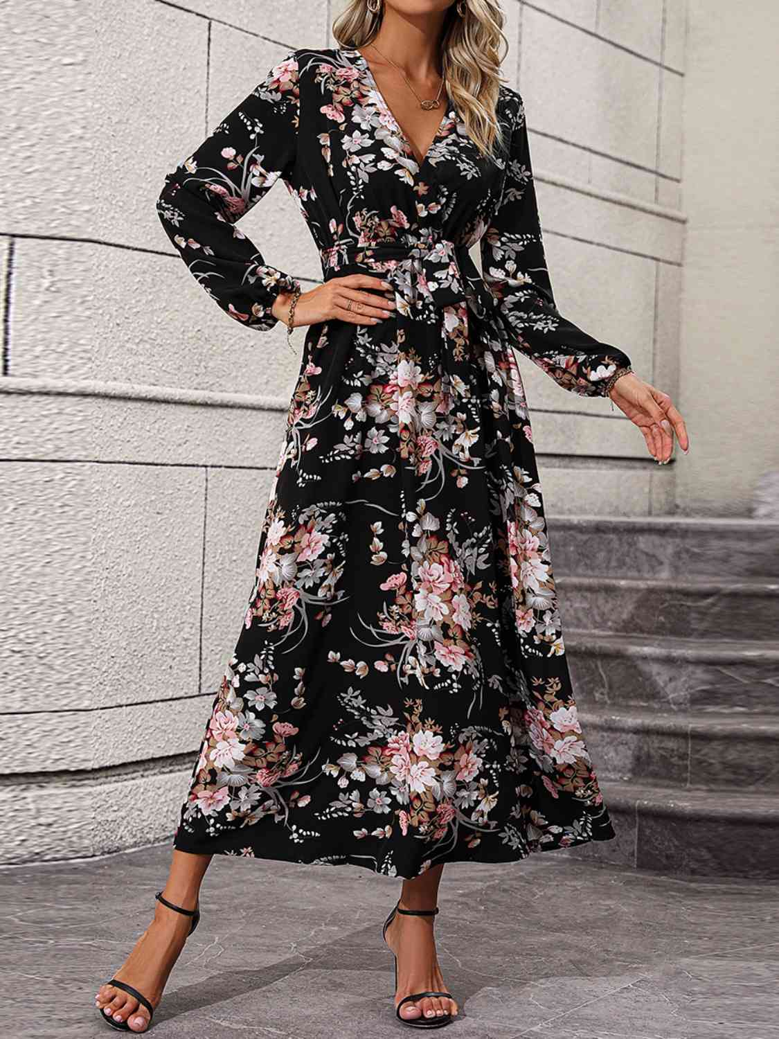 Floral Long Sleeve Surplice Neck Dress Black