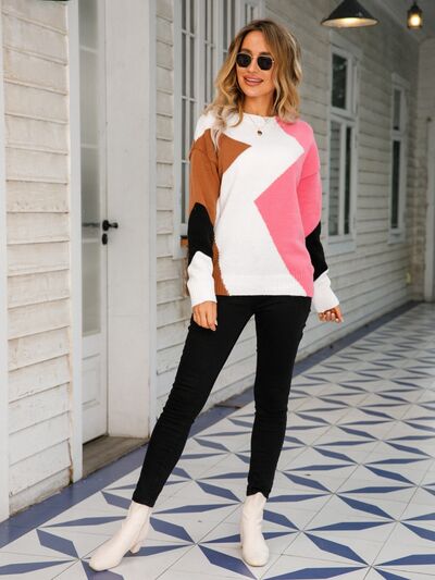 Color Block Round Neck Dropped Shoulder Sweater