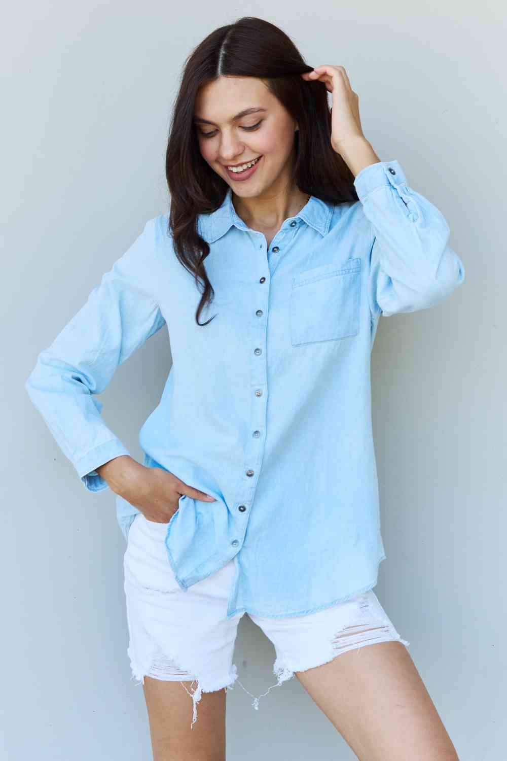 Doublju Blue Jean Baby Denim Button Down Shirt Top in Light Blue Light Blue