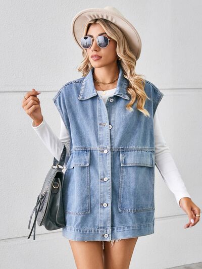 Pocketed Button Up Sleeveless Denim Jacket Misty Blue