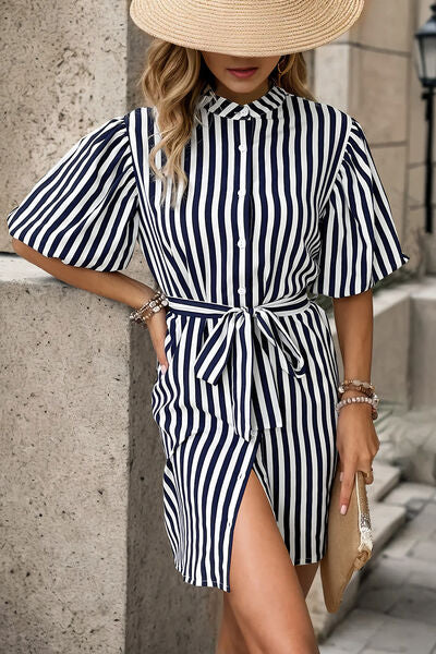 Striped Button Up Tie Waist Mini Dress Navy