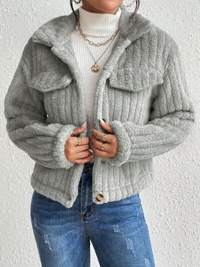 Fuzzy Button Up Collared Neck Jacket Heather Gray