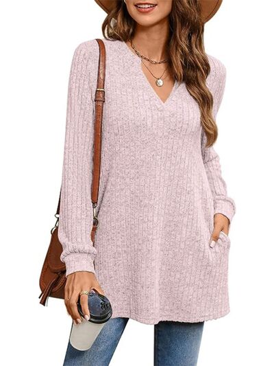 Slit Notched Pocketed Long Sleeve T-Shirt Eggshell