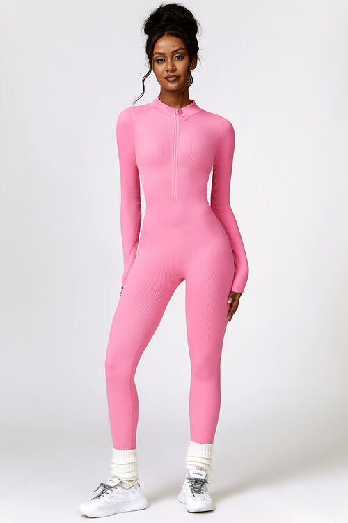 Half Zip Long Sleeve Active Jumpsuit Fuchsia Pink