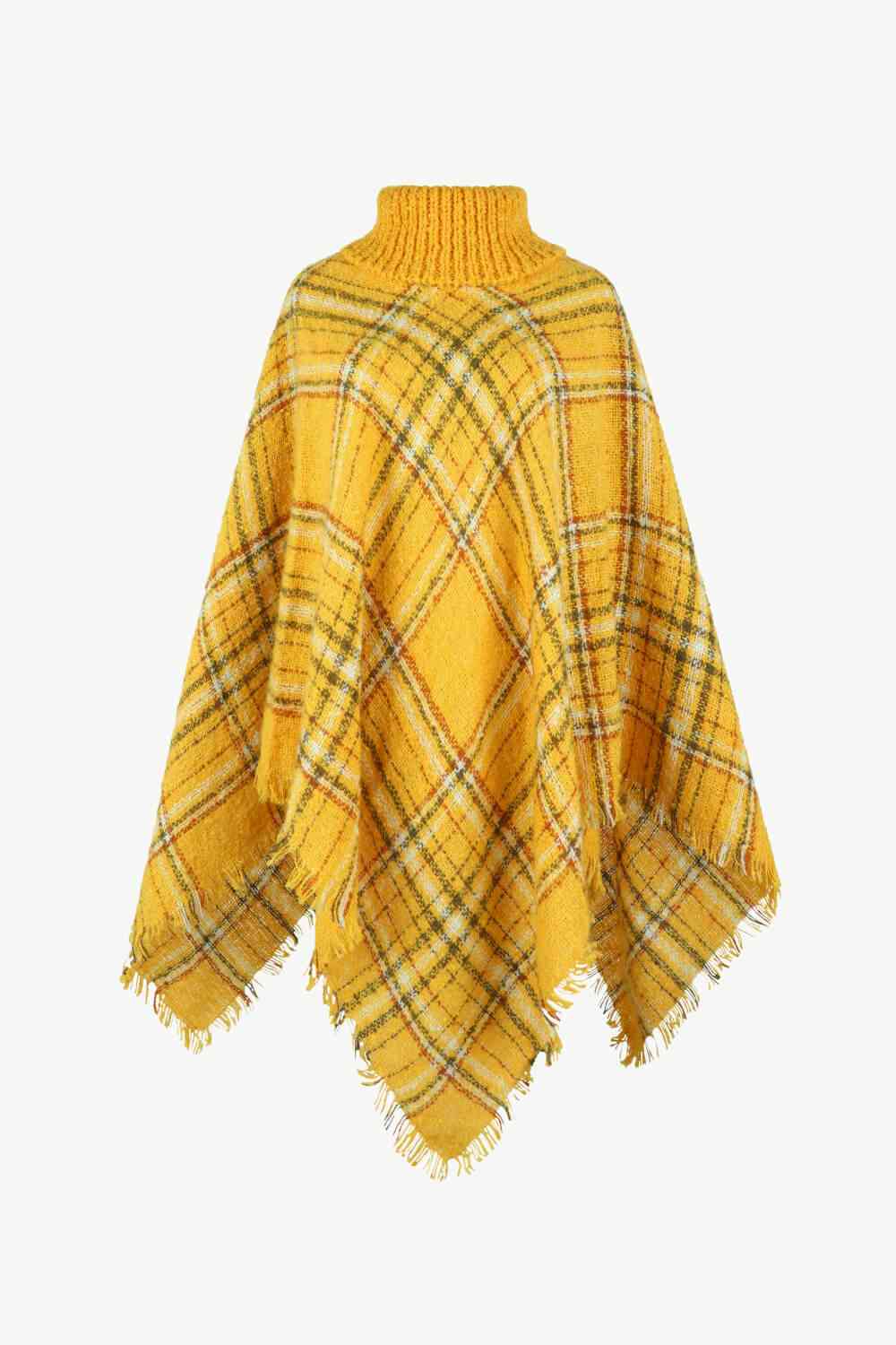 Plaid Turtleneck Fringe Hem Poncho Tangerine One Size