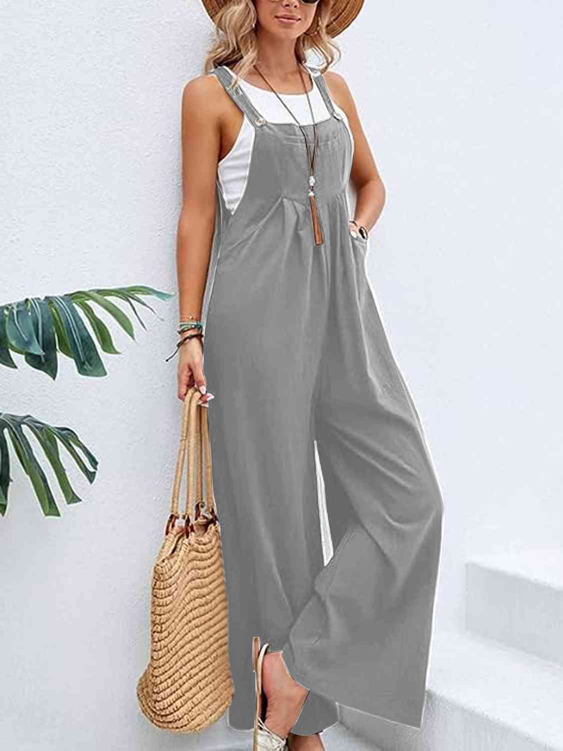 Full Size Wide Leg Overalls with Pockets Cloudy Blue