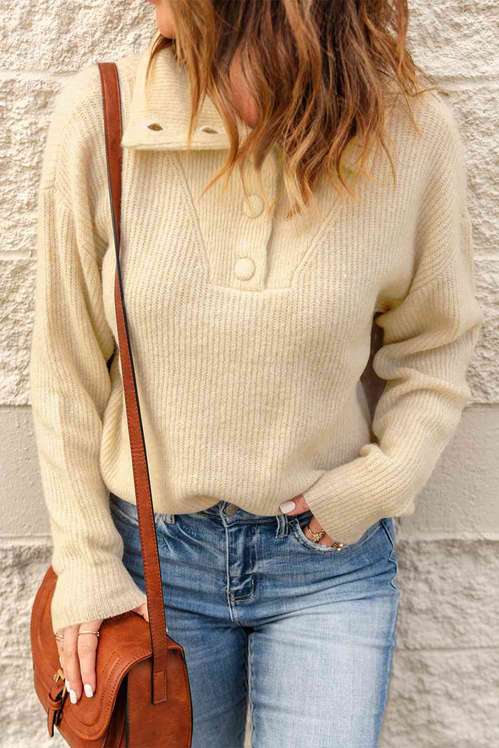 Double Take Half Button Dropped Shoulder Ribbed Sweater Cream