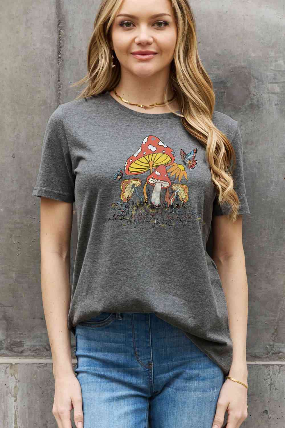 Simply Love Full Size Mushroom & Butterfly Graphic Cotton T-Shirt Charcoal