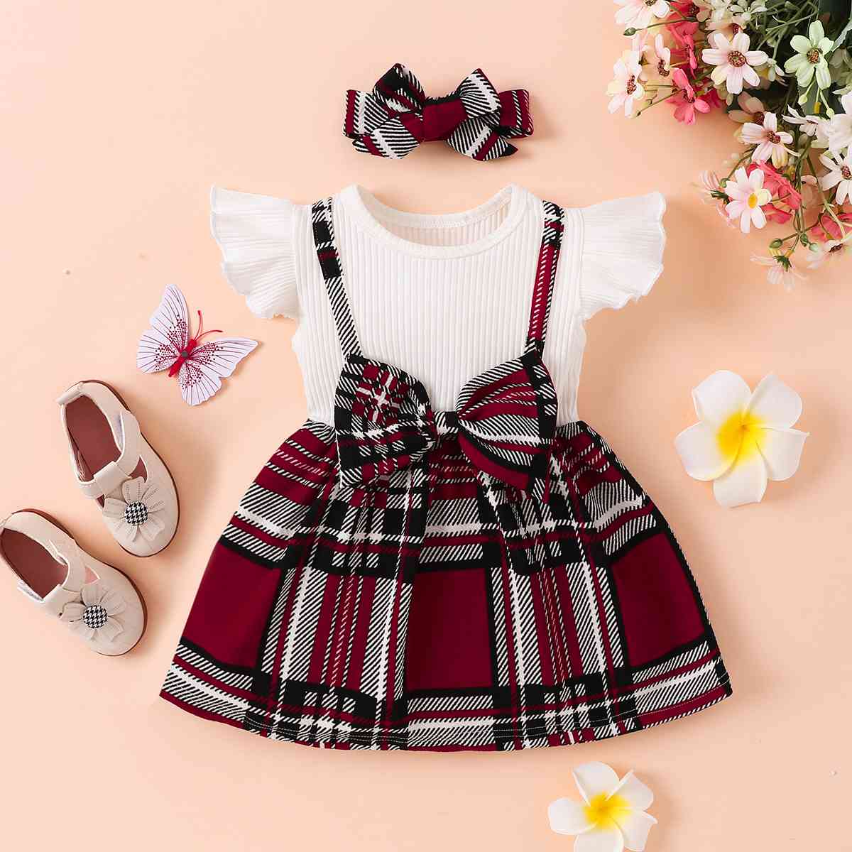 Plaid Print Bow Detail Dress Wine