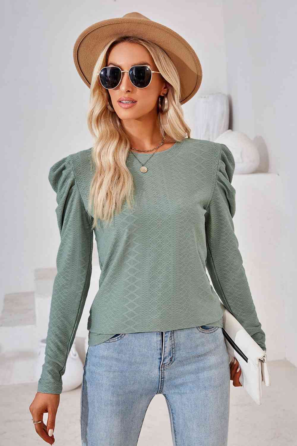 Round Neck Puff Sleeve Blouse Sage