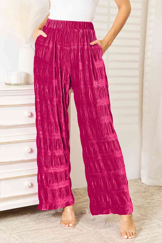 Double Take Full Size High Waist Tiered Shirring Velvet Wide Leg Pants Deep Rose