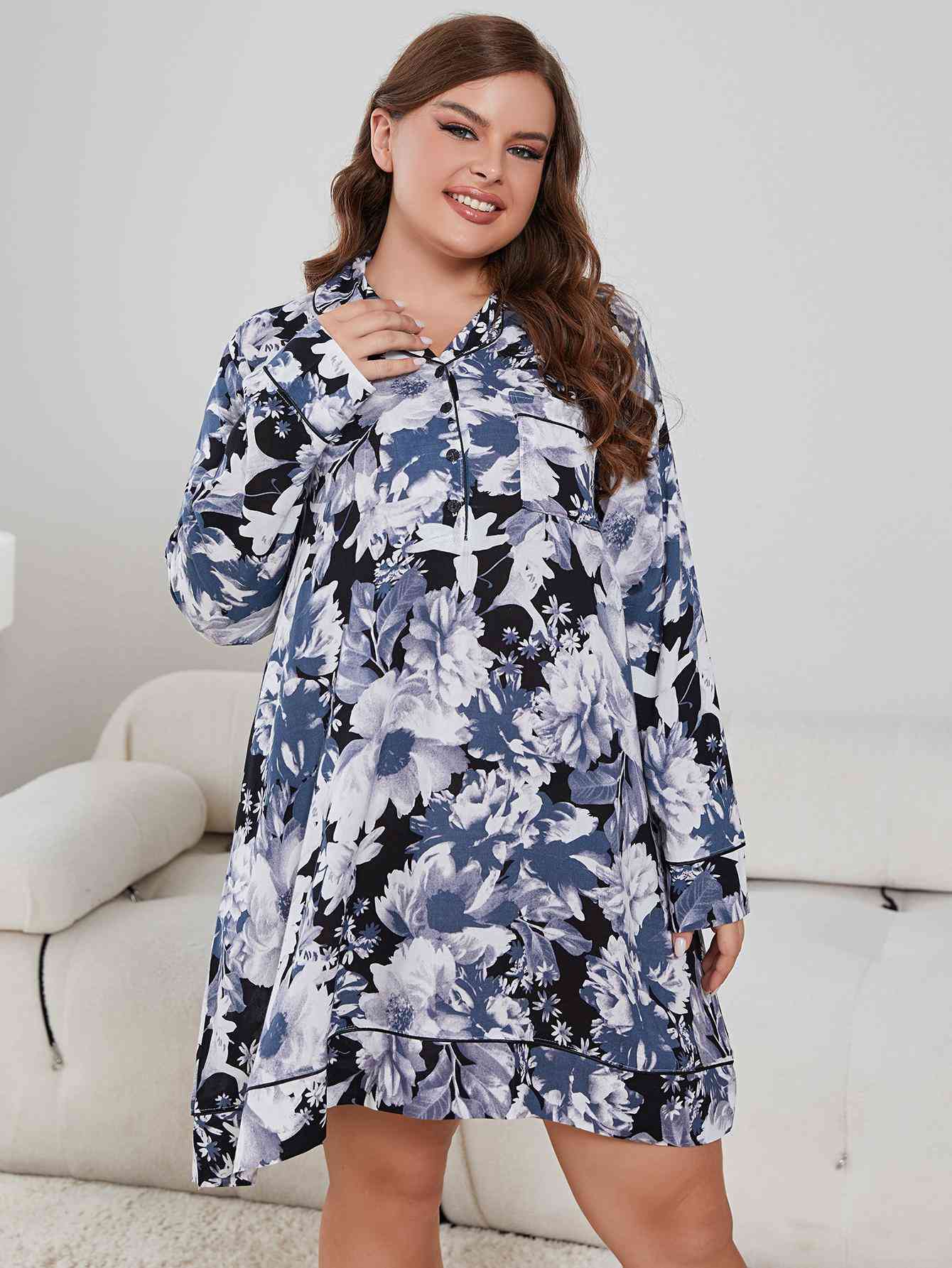 Plus Size Floral Lapel Collar Long Sleeve Night Dress Multi